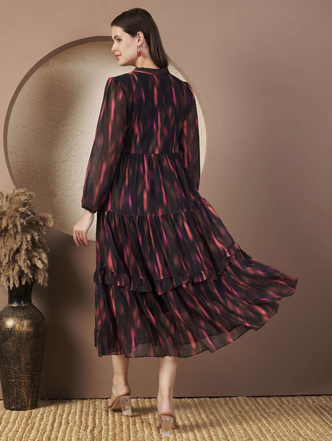 women printed three quarter sleeve tiered dress - 22077813 - Standard Image - 3