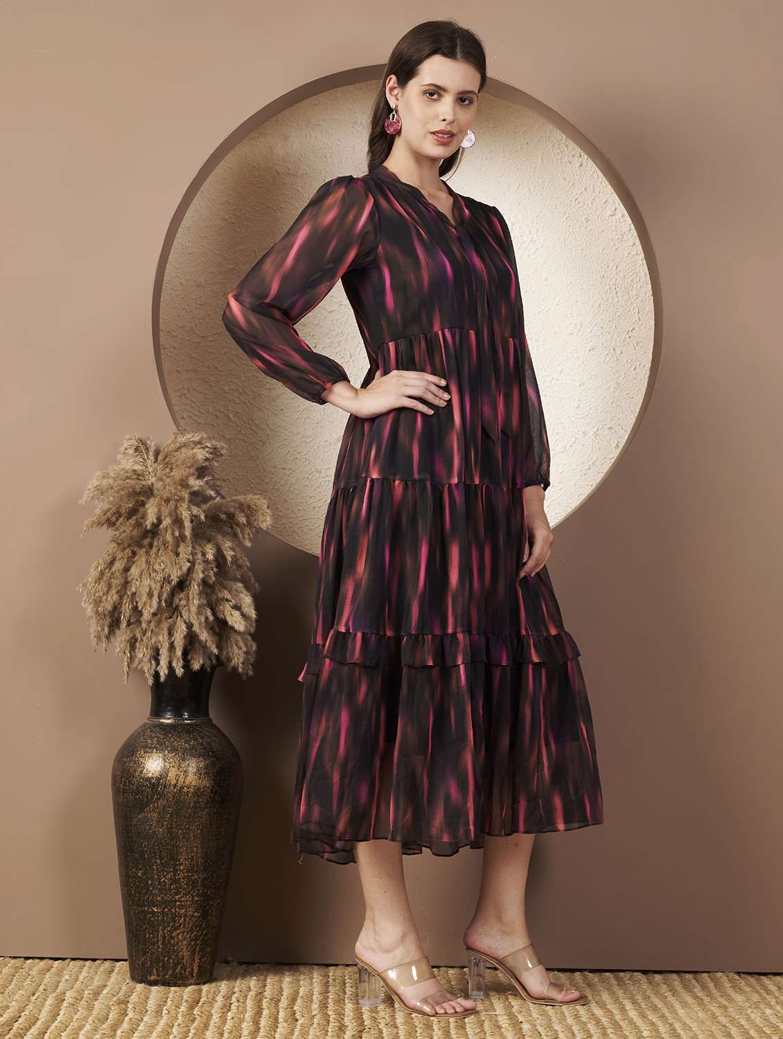 women printed three quarter sleeve tiered dress - 22077813 - Standard Image - 5