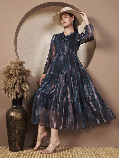 women printed three quarter sleeve tiered dress - 22077814 -  Standard Image - 0