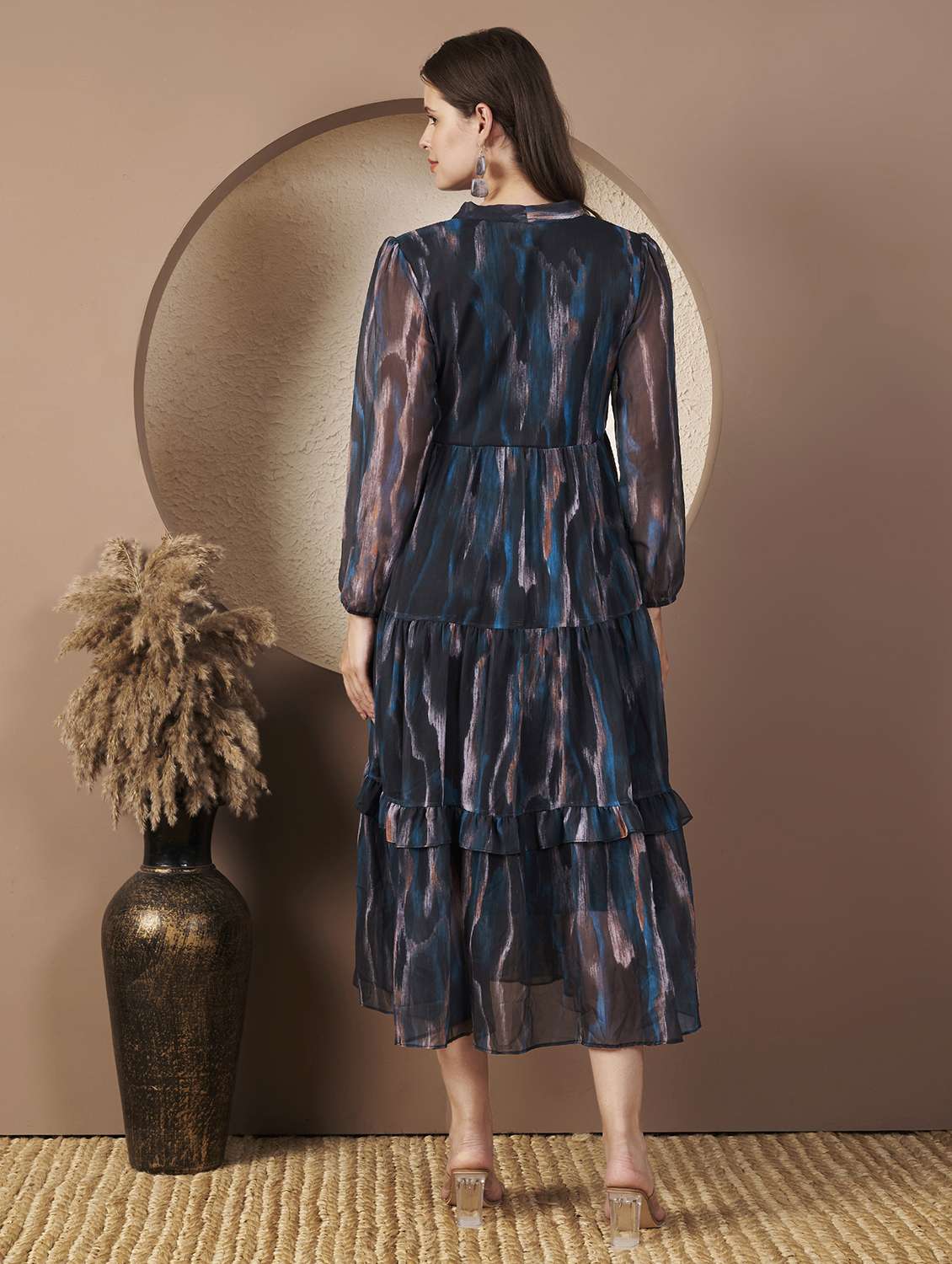 women printed three quarter sleeve tiered dress - 22077814 - Standard Image - 3