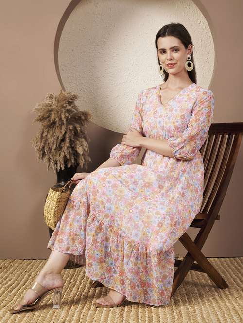 women printed three quarter sleeve tiered dress - 22077815 -  Standard Image - 0