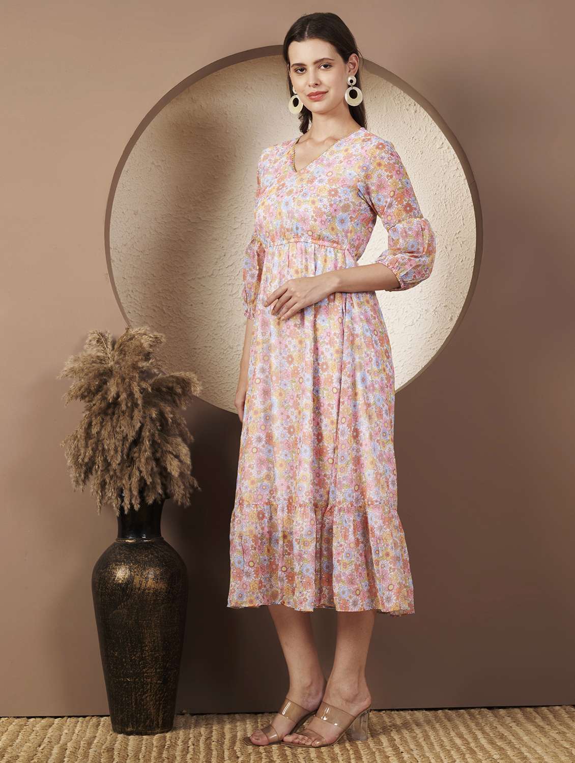 women printed three quarter sleeve tiered dress - 22077815 - Standard Image - 3