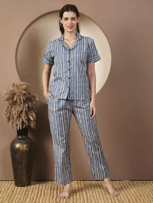 women striped nightwear pyjama set - 22077822 - Standard Image - 0