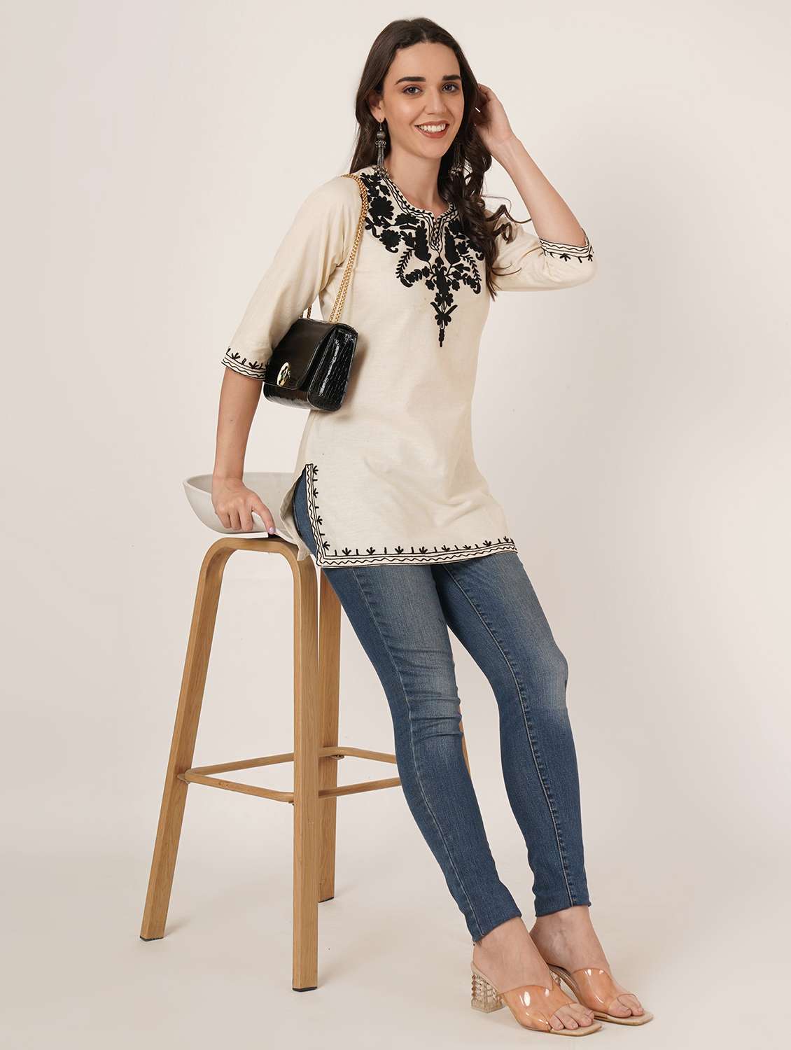 women embroidered three quarter sleeve kurti - 22077938 - Standard Image - 3