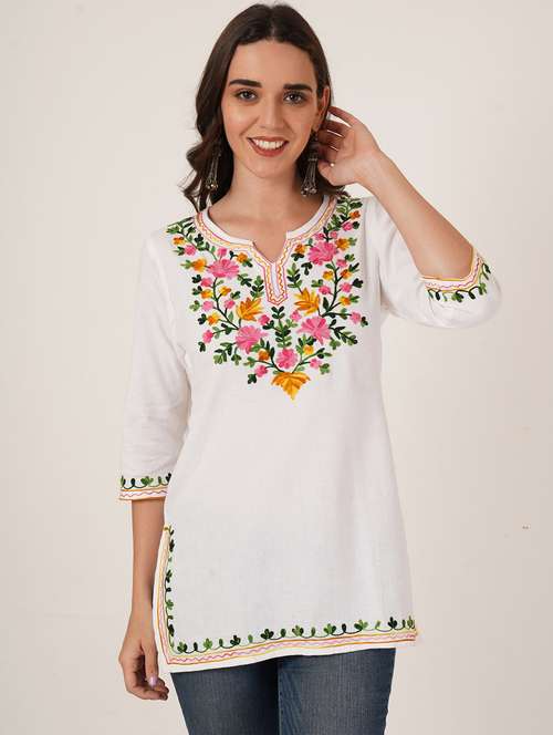 women embroidered three quarter sleeve kurti - 22077939 -  Standard Image - 0