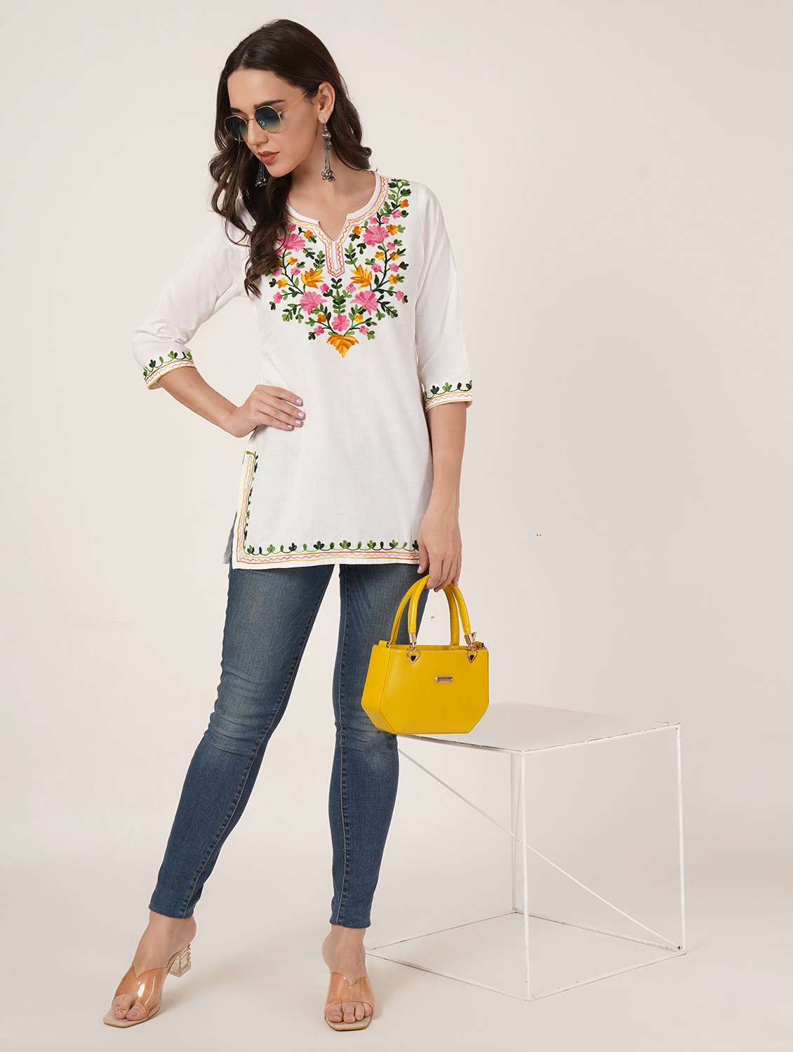 women embroidered three quarter sleeve kurti - 22077939 -  Standard Image - 3
