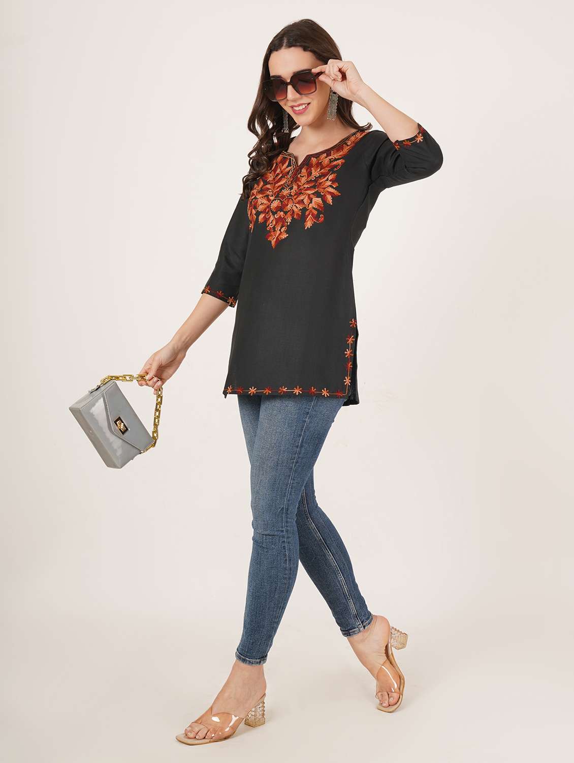 women embroidered three quarter sleeve kurti - 22077942 - Standard Image - 3