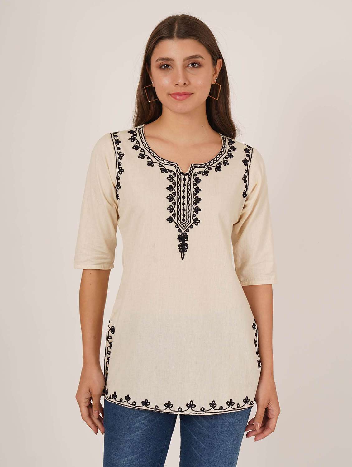 women embroidered three quarter sleeve kurti - 22077946 - Zoom Image - 0