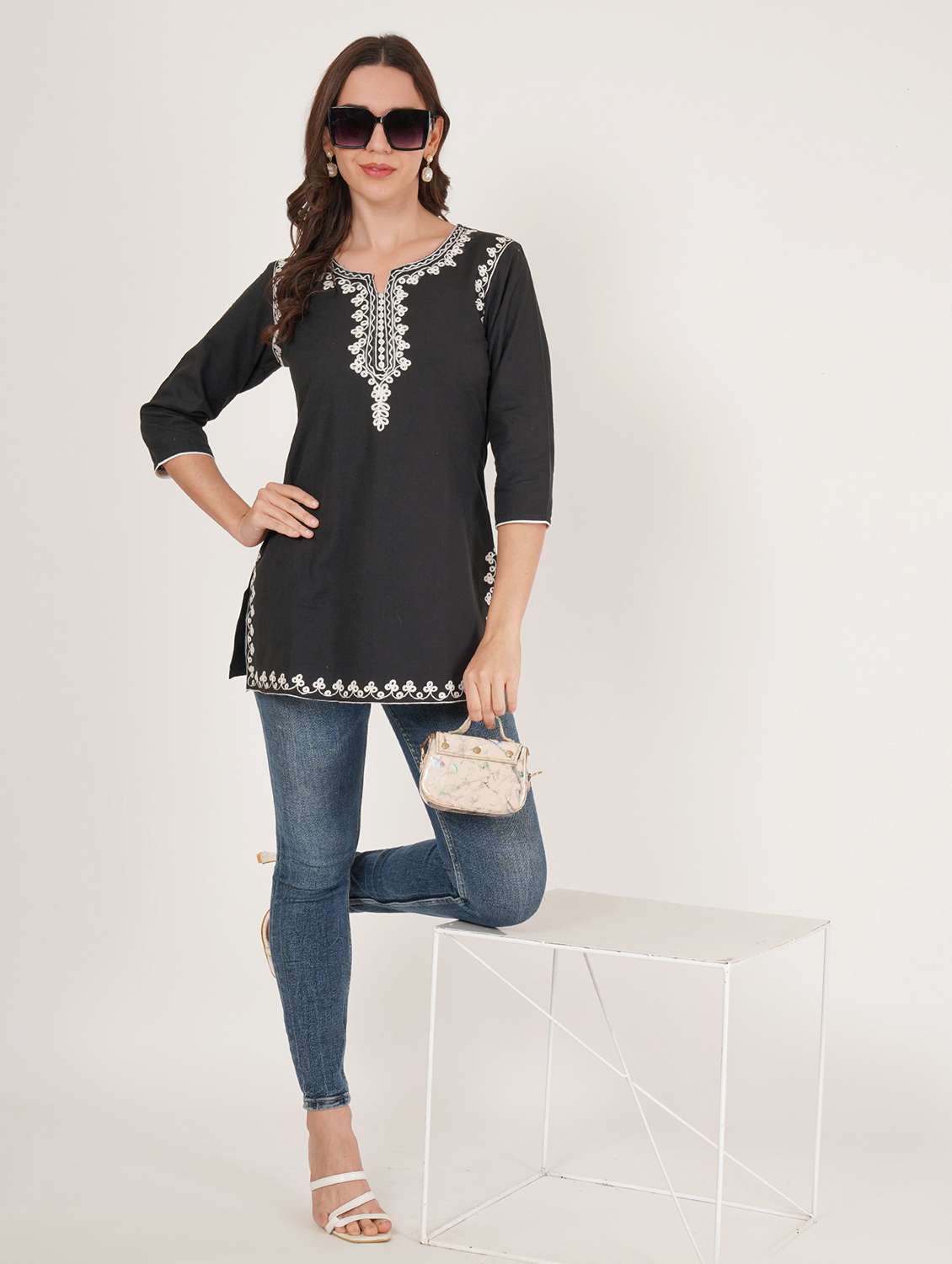 women embroidered three quarter sleeve kurti - 22077947 - Standard Image - 3
