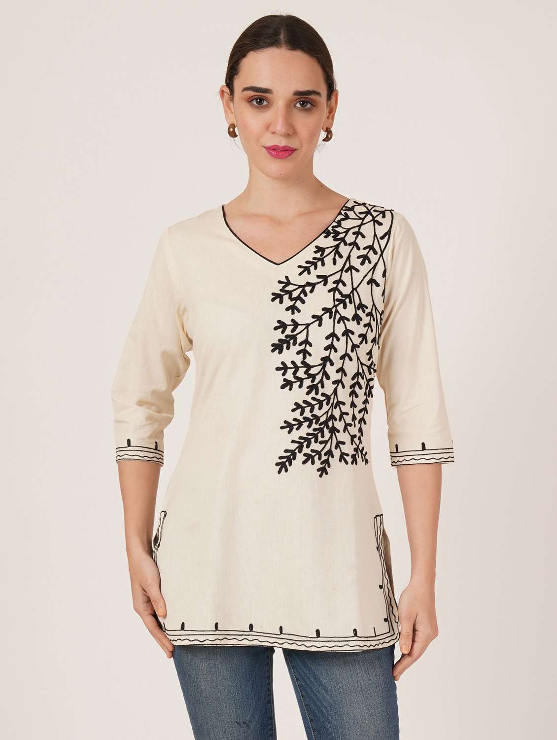 women embroidered three quarter sleeve kurti - 22077948 - Zoom Image - 0