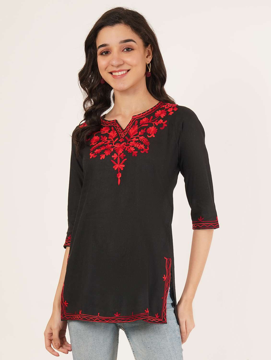 women embroidered three quarter sleeve kurti - 22077949 -  Zoom Image - 0