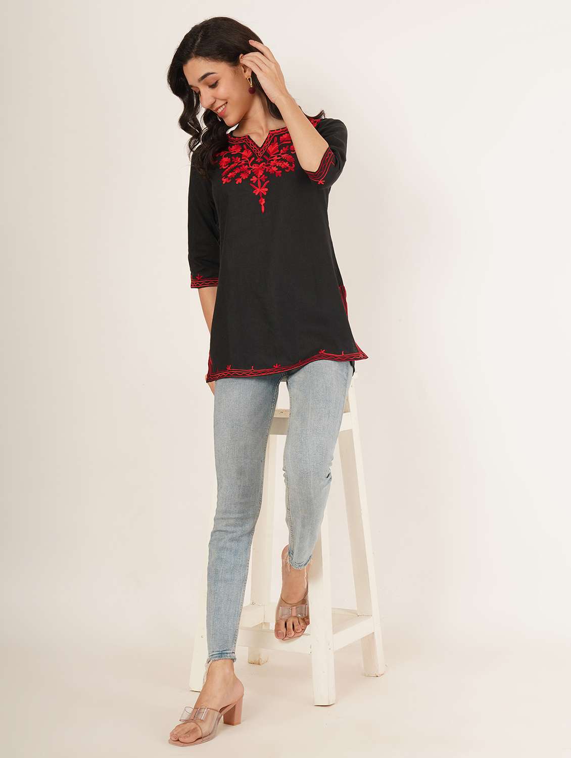 women embroidered three quarter sleeve kurti - 22077949 - Standard Image - 3