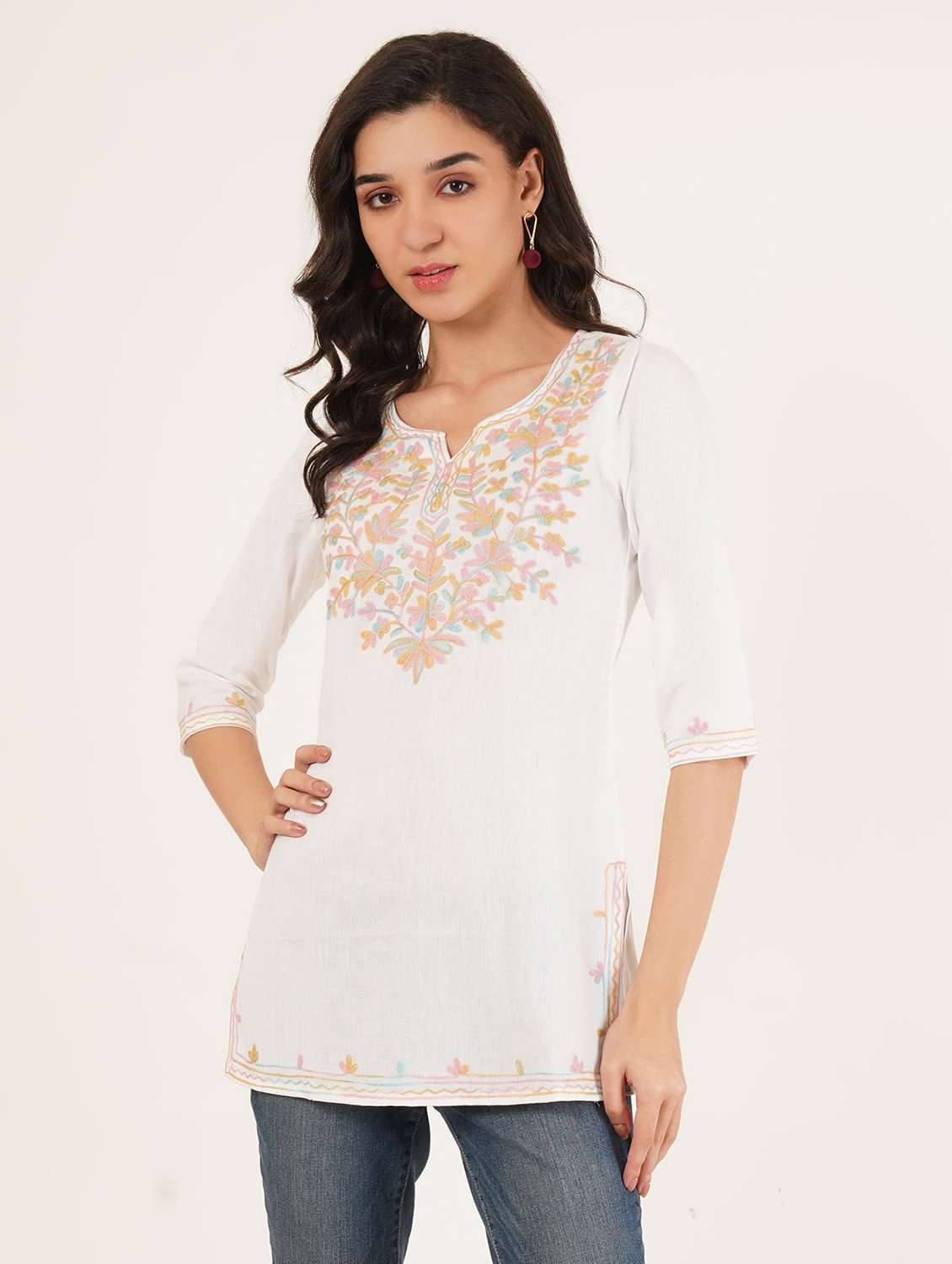 women embroidered three quarter sleeve kurti