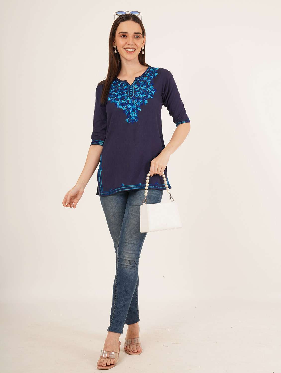 women embroidered three quarter sleeve kurti - 22077953 -  Standard Image - 3