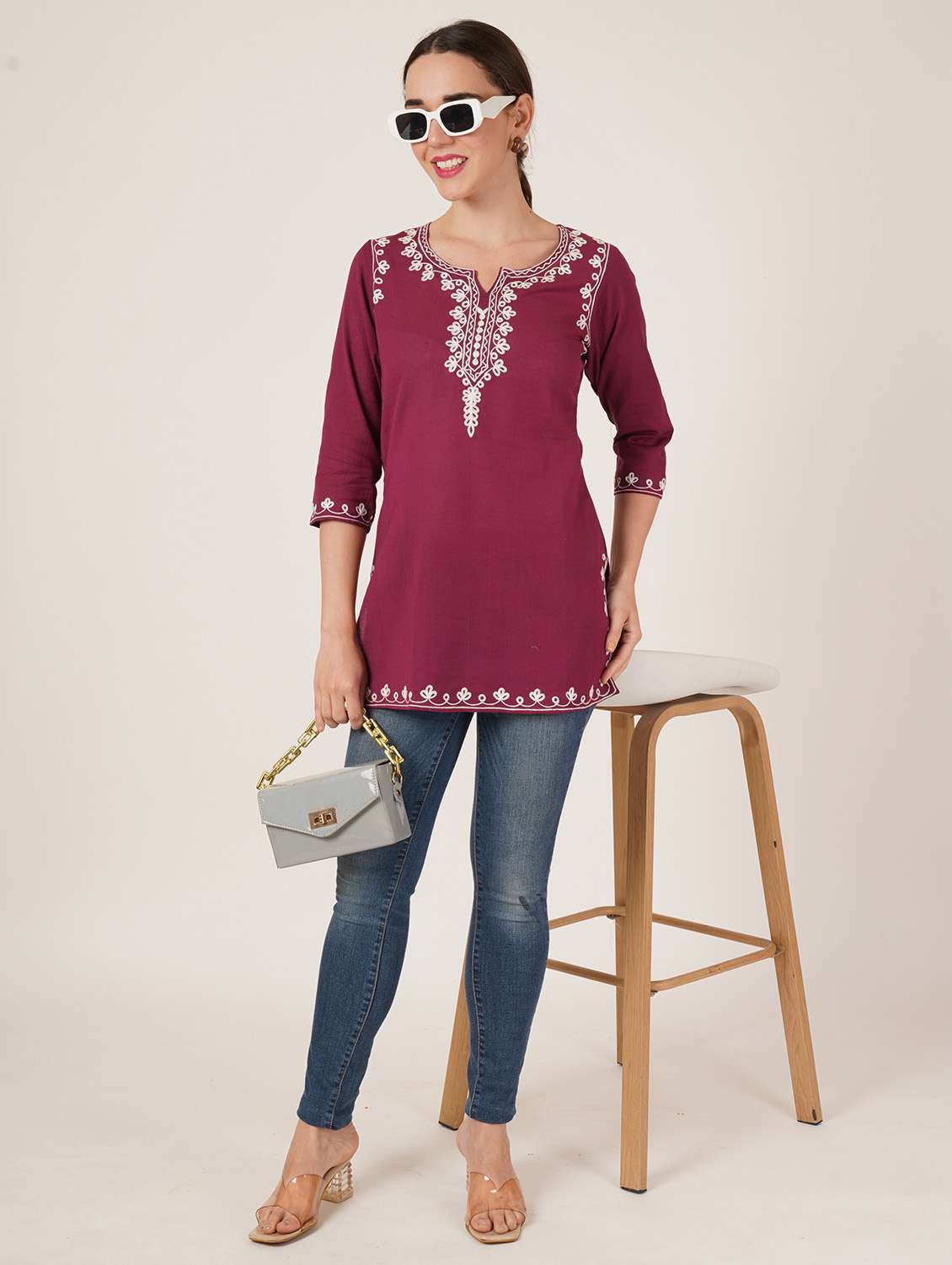 women embroidered three quarter sleeve kurti - 22077961 - Standard Image - 3