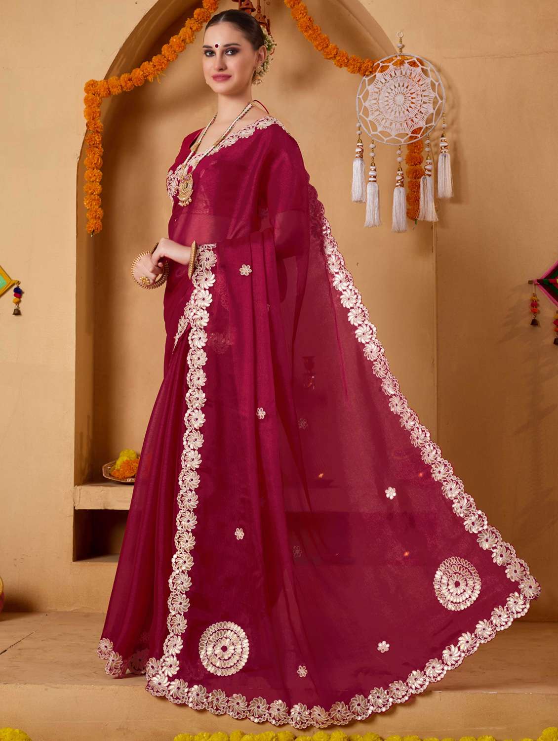 women solid with work embroidered saree with blouse - 22078200 -  Standard Image - 3