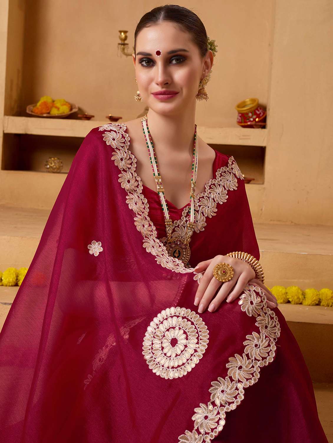 women solid with work embroidered saree with blouse - 22078200 -  Standard Image - 5