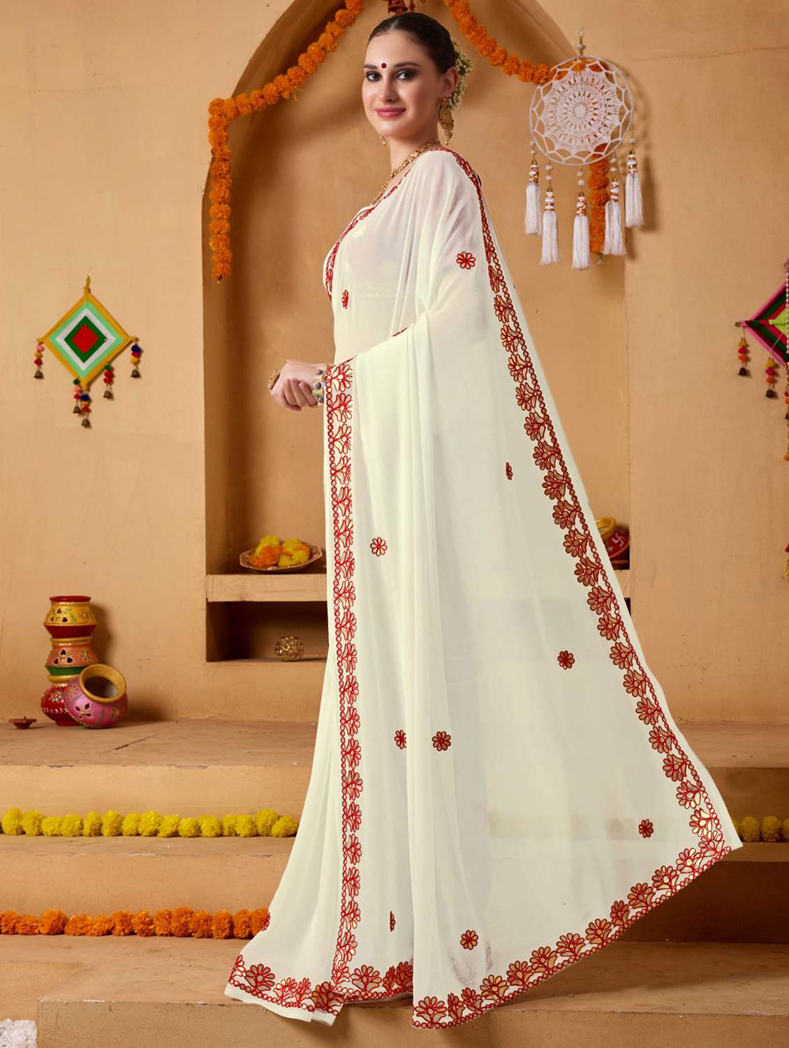 women solid with work embroidered saree with blouse - 22078207 -  Standard Image - 3