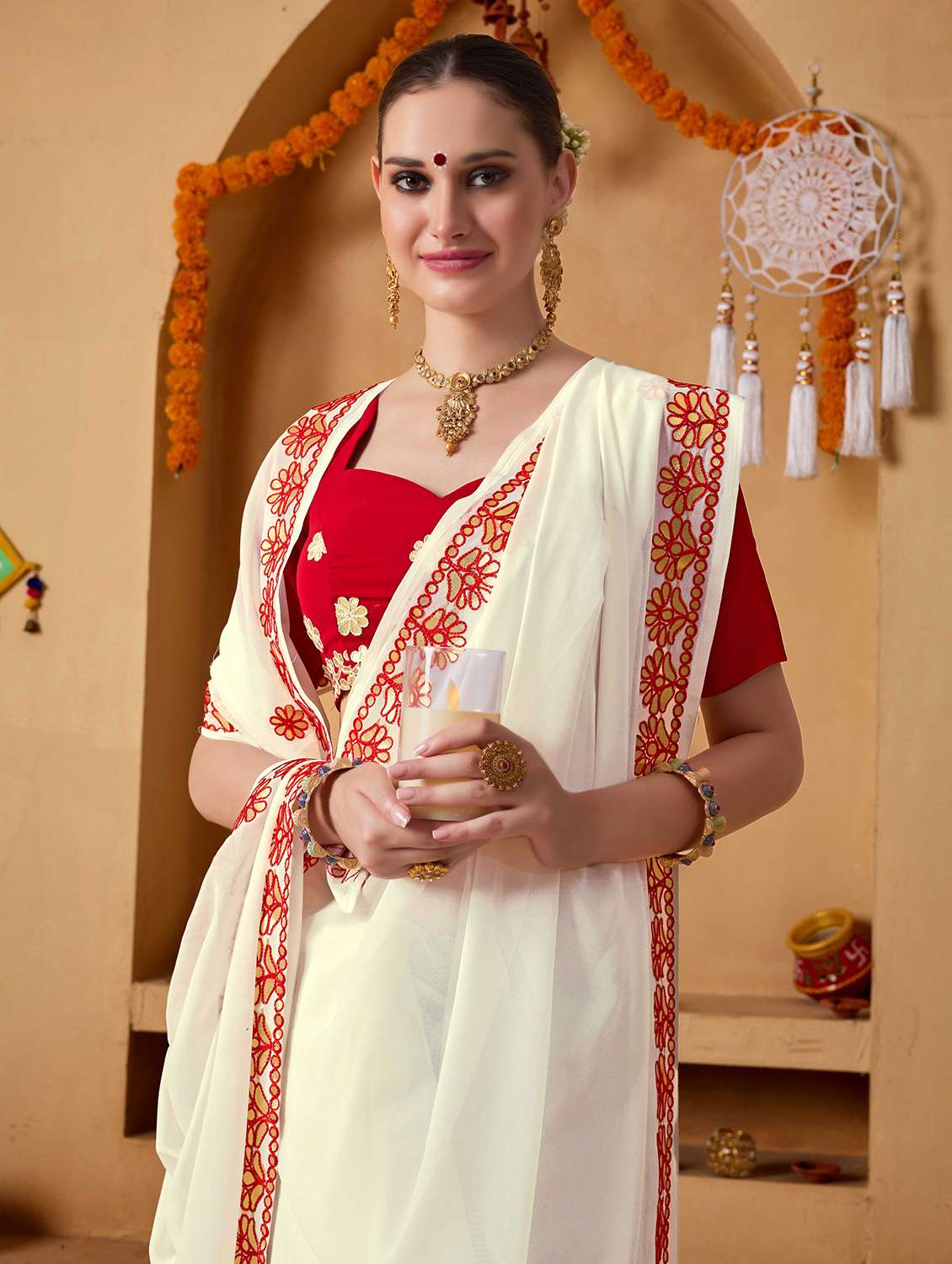 women solid with work embroidered saree with blouse - 22078207 -  Standard Image - 5