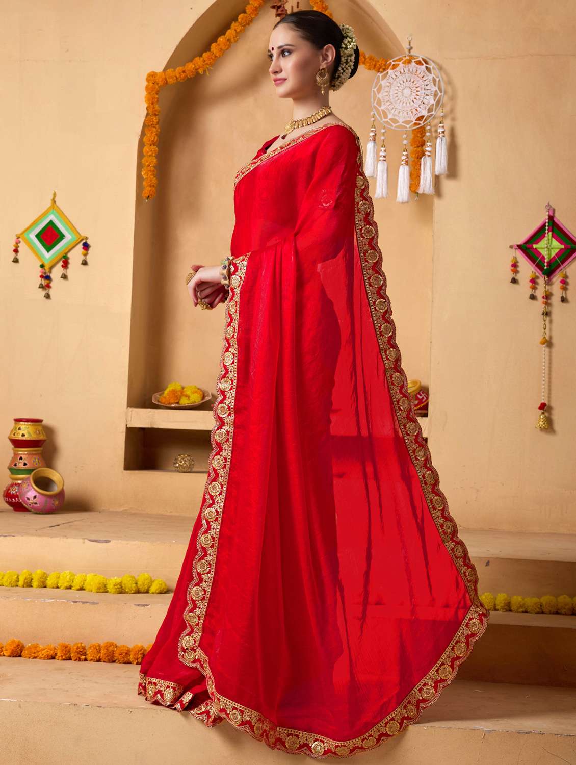 women solid with bordered ready to wear saree with blouse - 22078211 -  Standard Image - 3