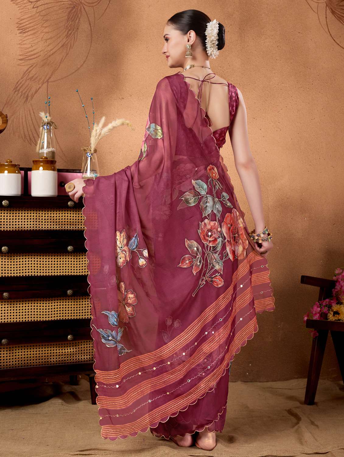 women floral printed ready to wear saree with blouse - 22078212 -  Standard Image - 3