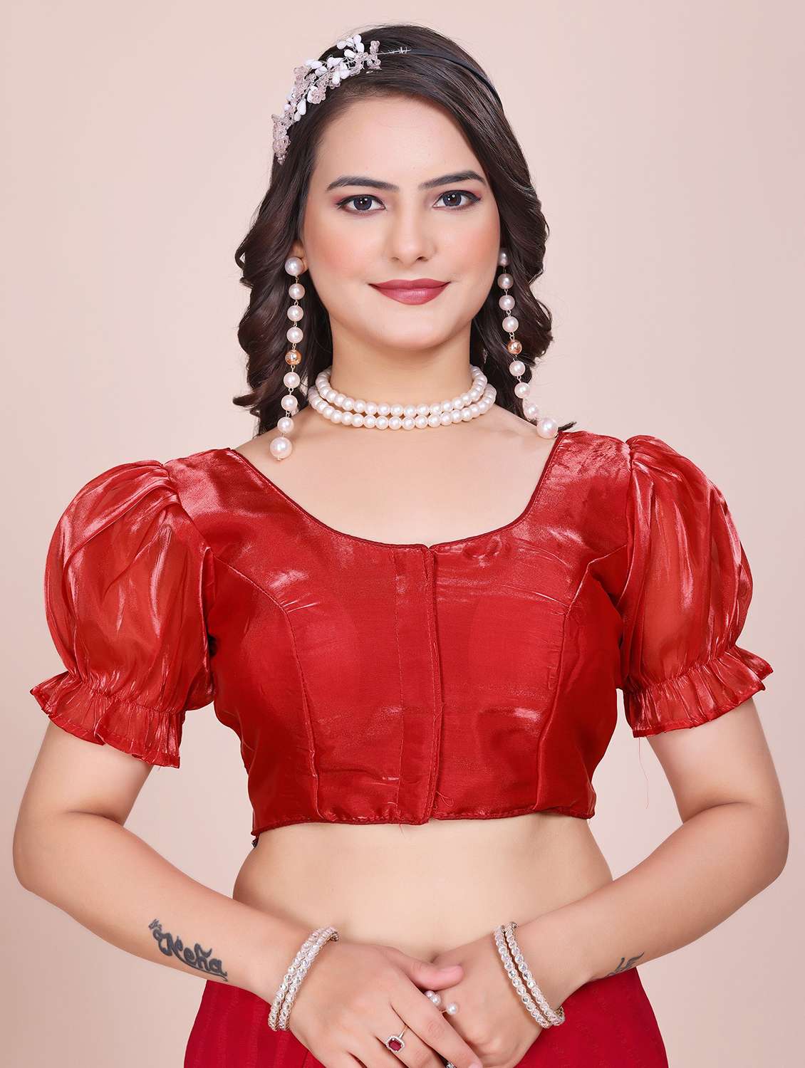 women solid puff sleeve stitched blouse - 22078227 - Zoom Image - 0