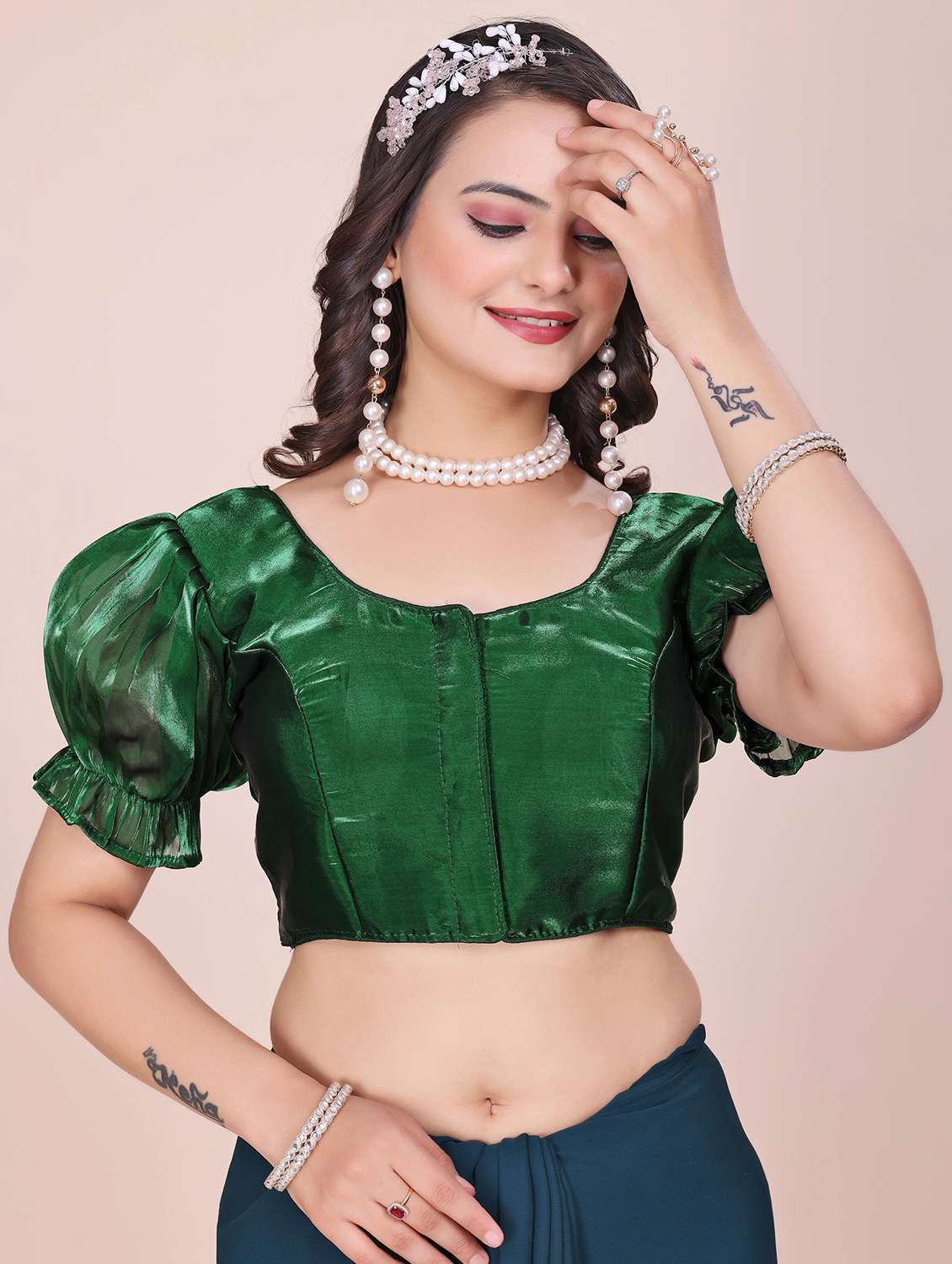 women solid puff sleeve stitched blouse - 22078228 - Zoom Image - 0