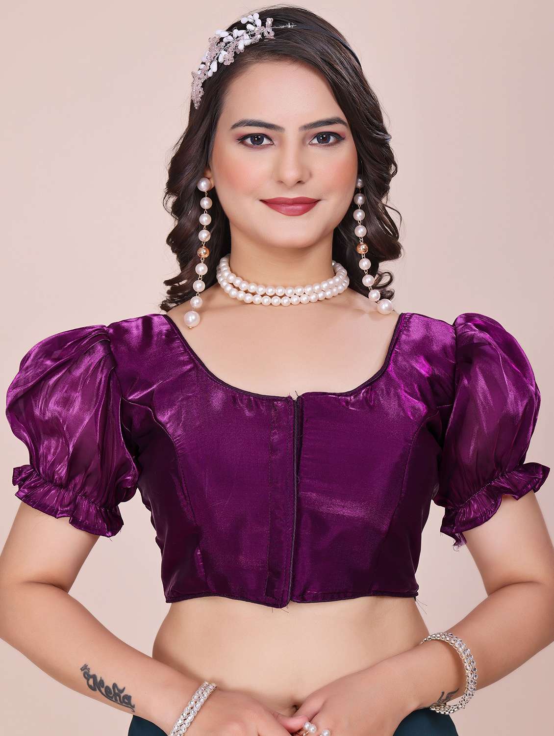 women solid puff sleeve stitched blouse - 22078229 - Zoom Image - 0