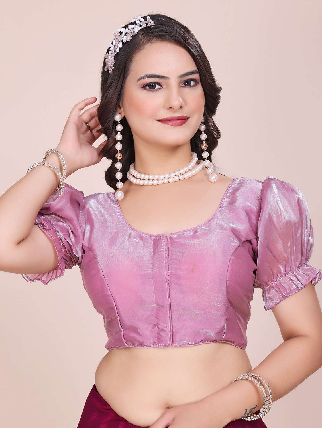 women solid puff sleeve stitched blouse