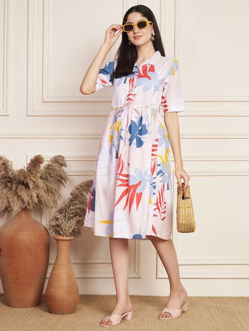 women printed collared short sleeve a-line dress - 22078236 - Standard Image - 0