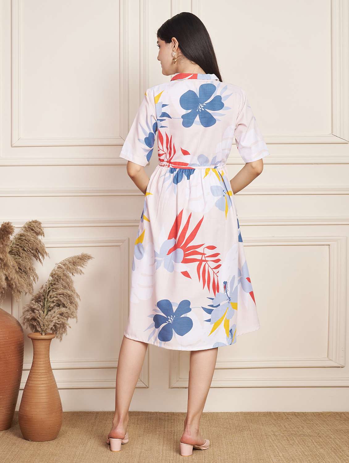 women printed collared short sleeve a-line dress - 22078236 - Standard Image - 3