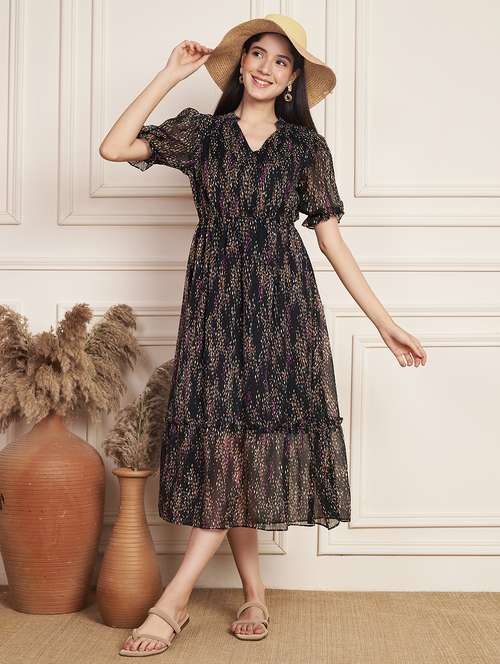 women printed puff sleeve tiered dress - 22078237 -  Standard Image - 0