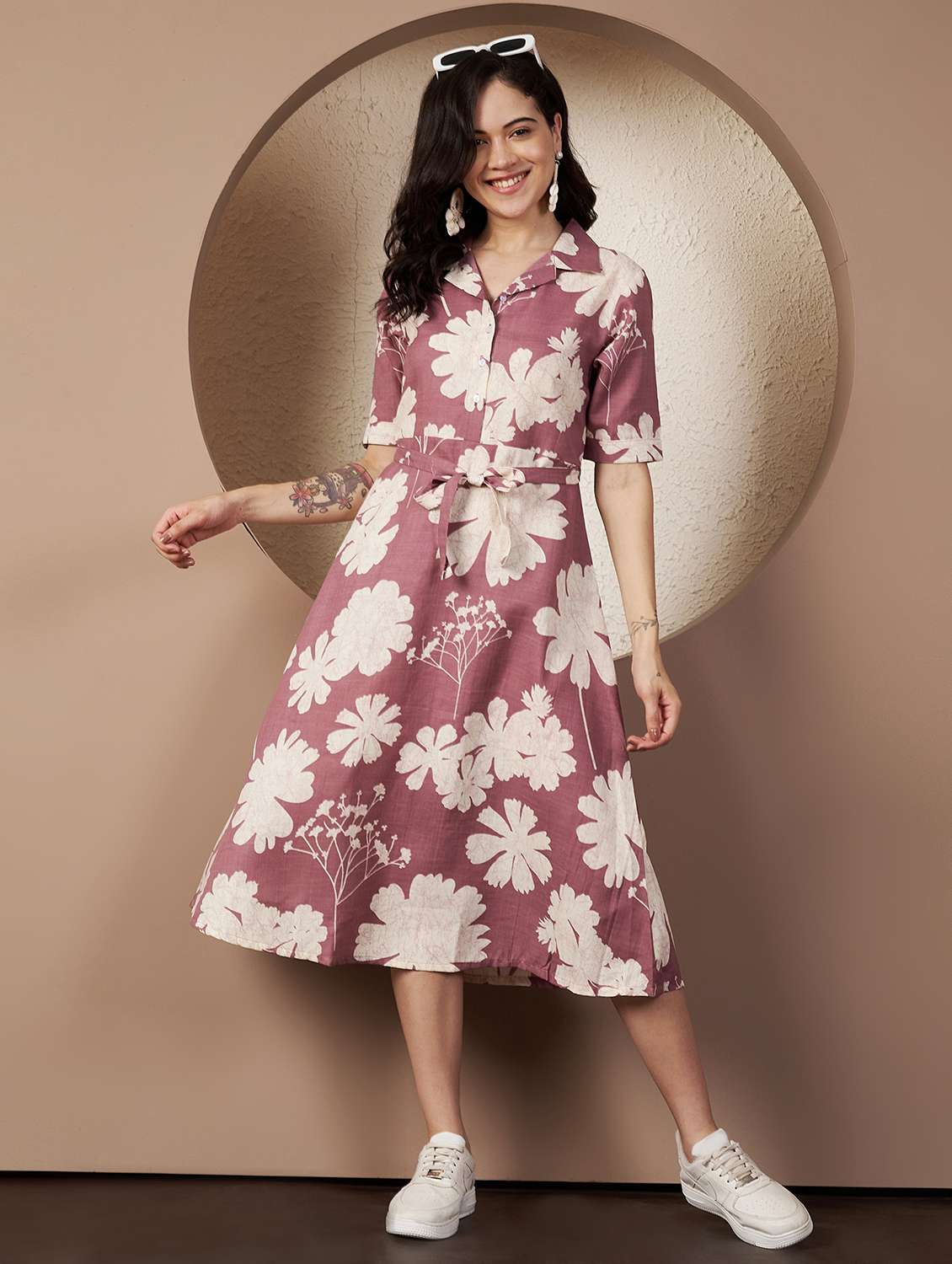women printed short sleeve collared a-line dress - 22078239 - Zoom Image - 0
