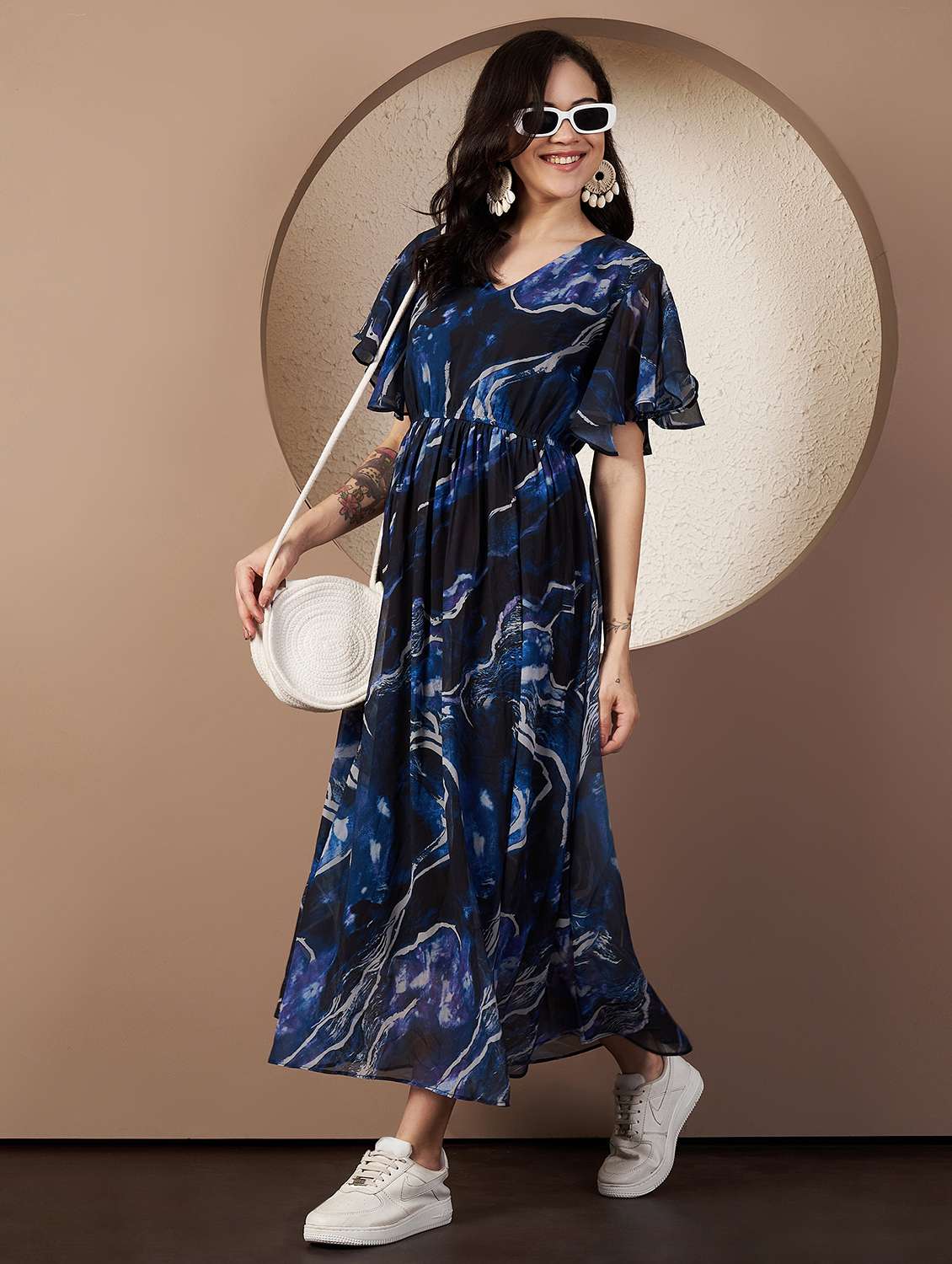 women printed flared sleeve fit & flare dress
