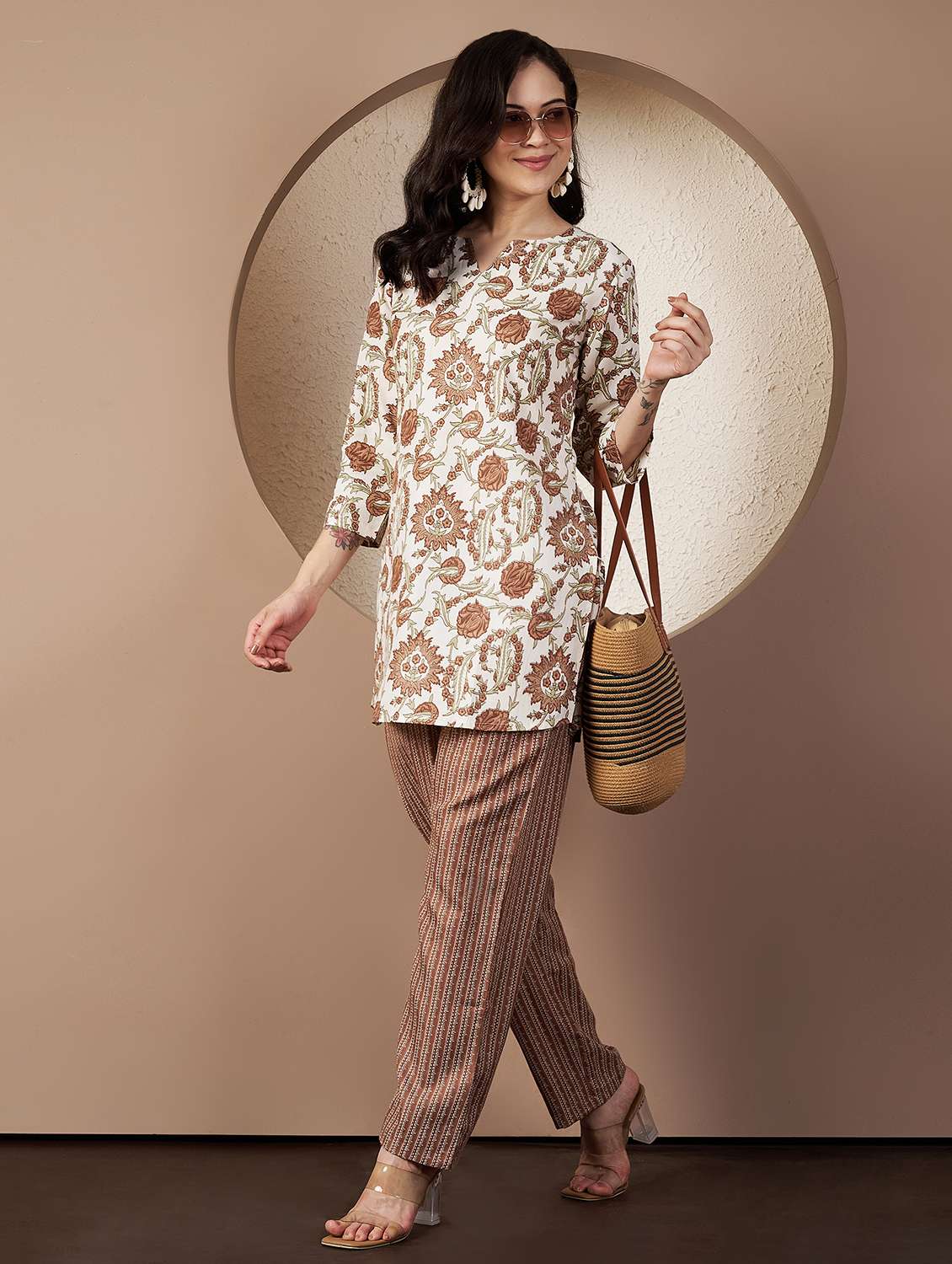 women printed three quarter sleeve co-ord set - 22078244 - Zoom Image - 0