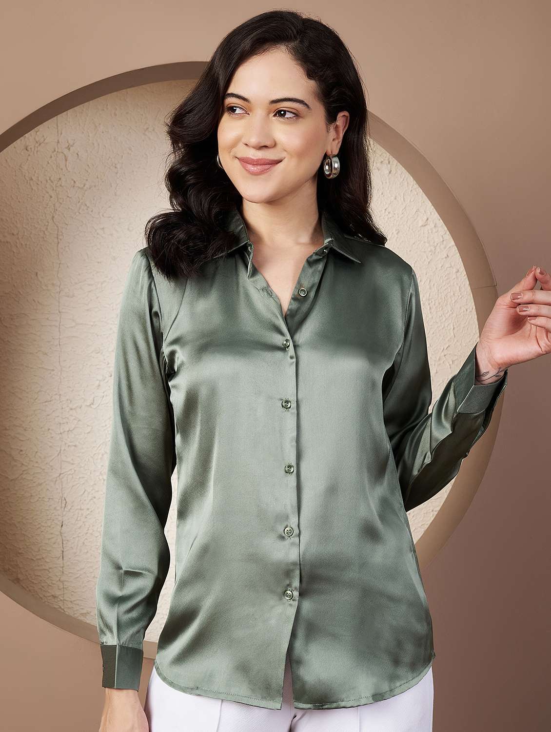 women solid collared long sleeve shirt - 22078248 - Zoom Image - 0