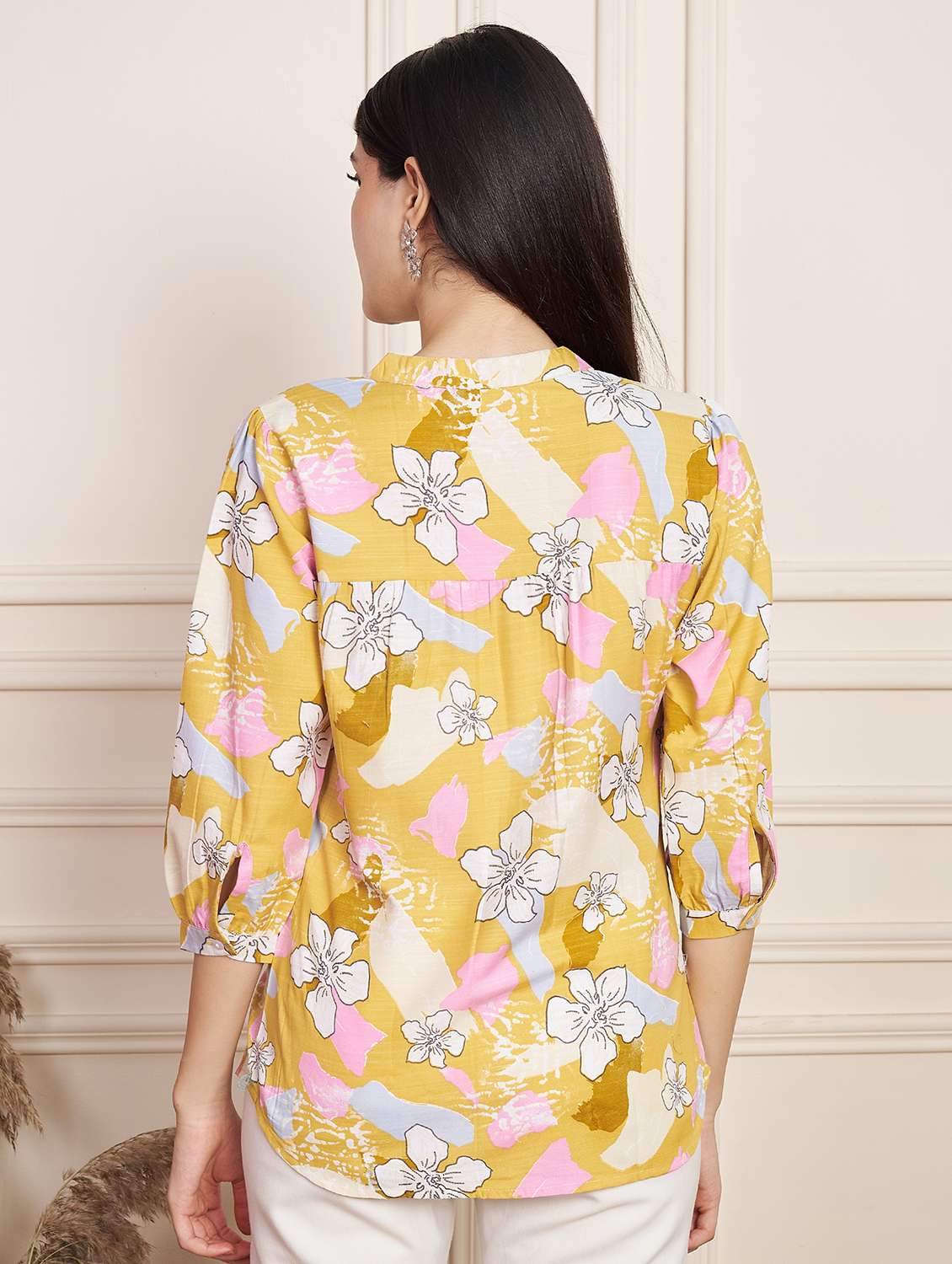 women floral print mandarin neck egular top - 22078251 - Standard Image - 3