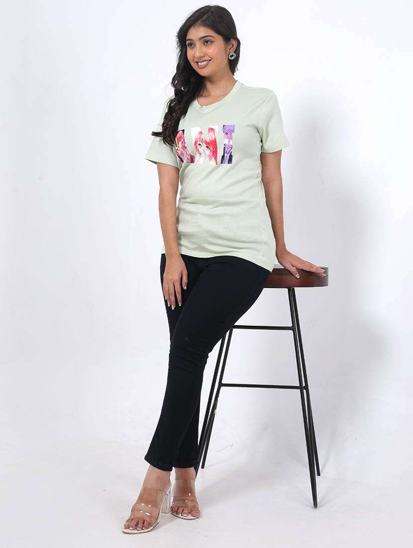 women chest print round neck t-shirt - 22078258 - Standard Image - 3