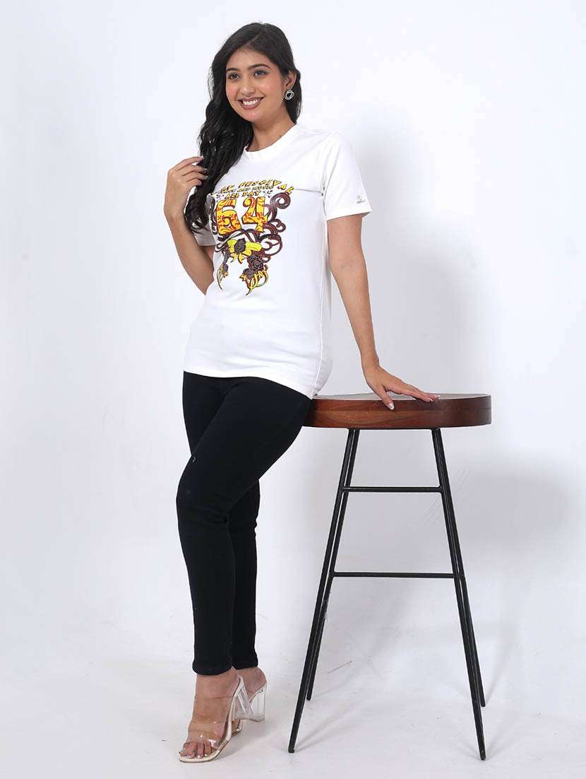 women front print round neck t-shirt - 22078262 - Standard Image - 3