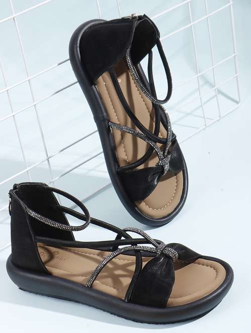 women black solid strappy gladiators flats - 22078335 - Standard Image - 0