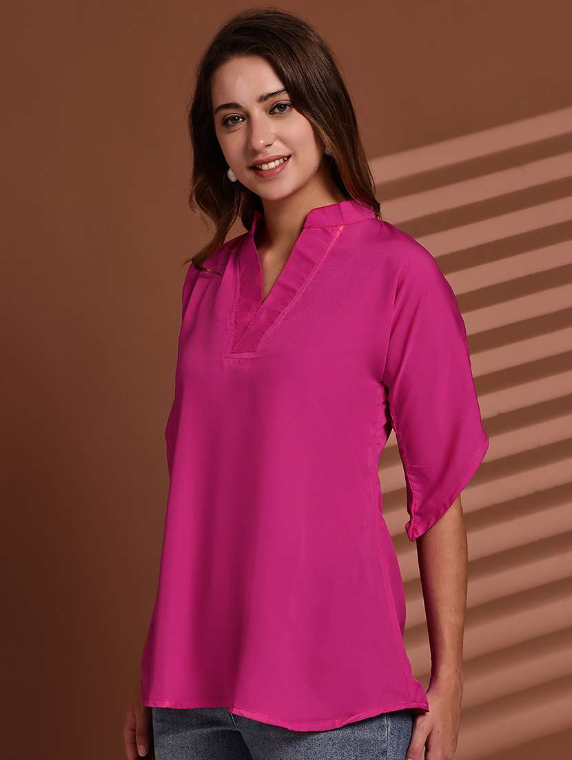 women solid mandarin neck short sleeve top - 22078363 -  Standard Image - 3