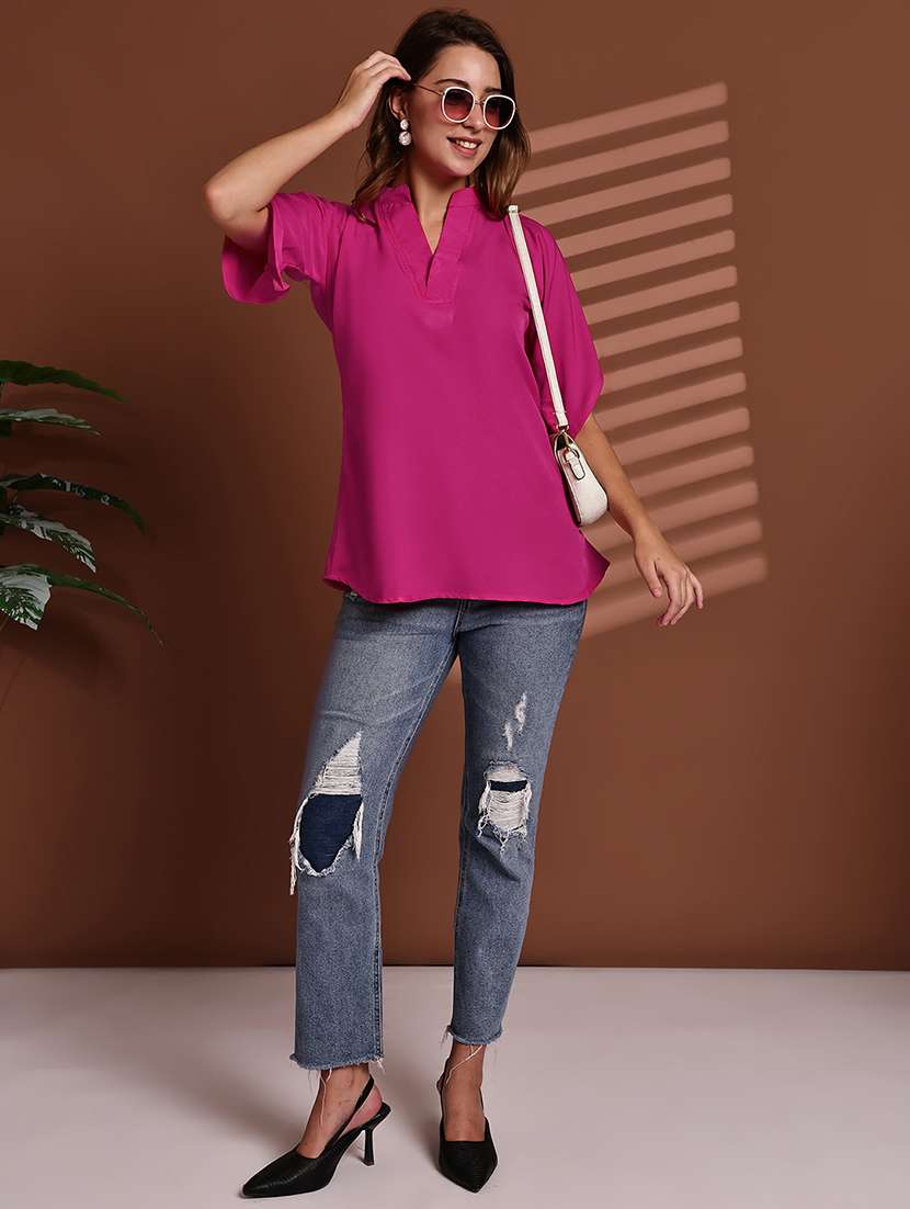 women solid mandarin neck short sleeve top - 22078363 -  Standard Image - 5