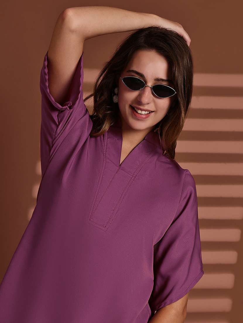 women solid mandarin neck short sleeve top