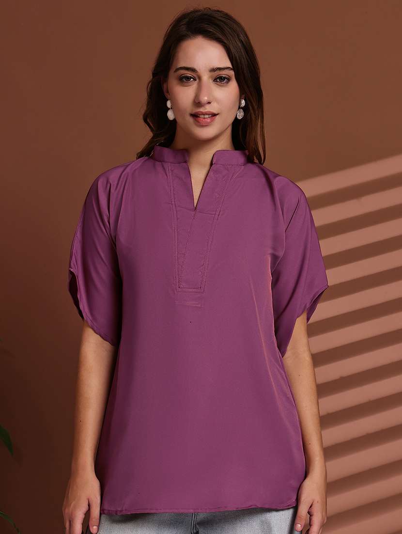 women solid mandarin neck short sleeve top - 22078364 -  Standard Image - 3