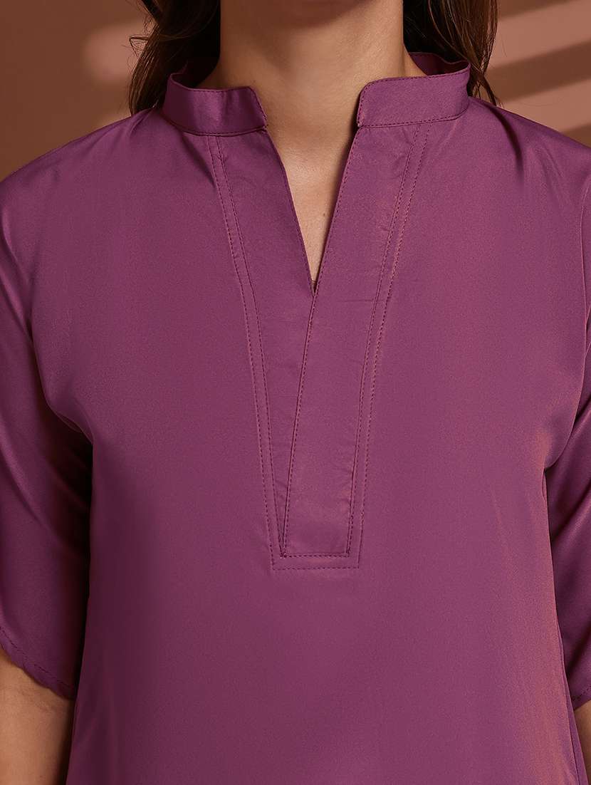 women solid mandarin neck short sleeve top - 22078364 -  Standard Image - 5