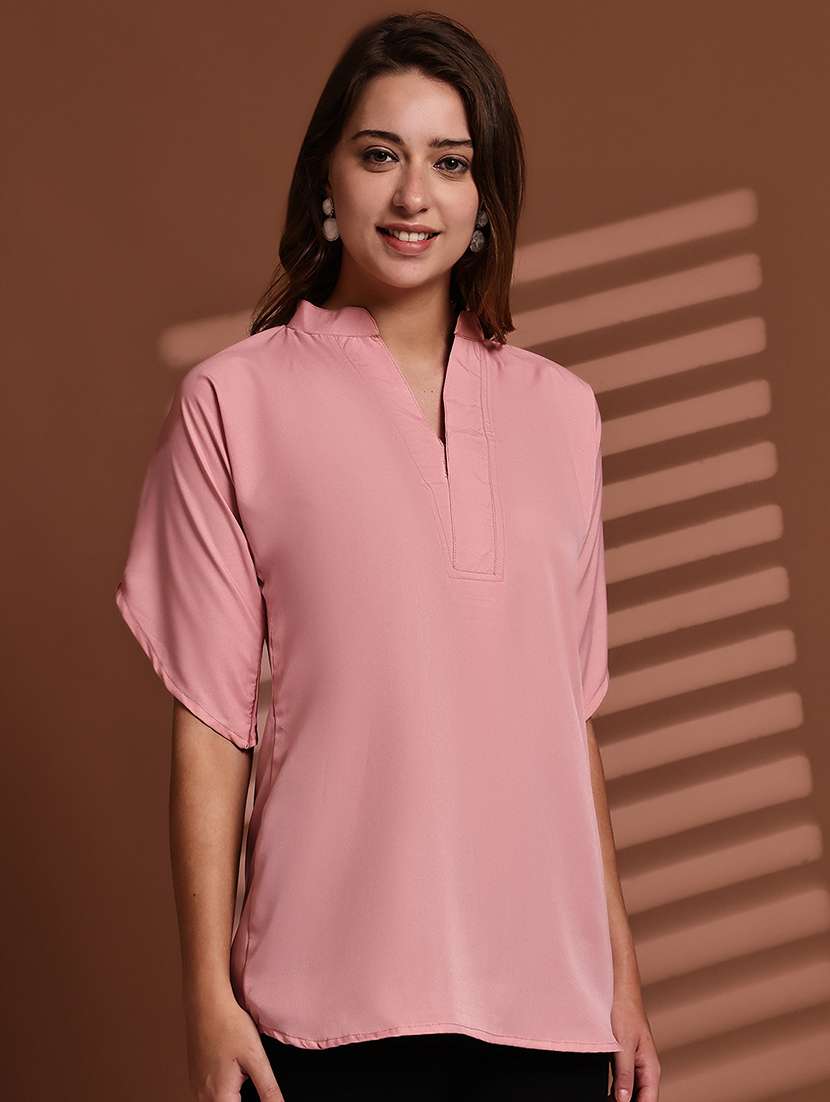 women solid mandarin neck short sleeve top - 22078365 -  Standard Image - 3