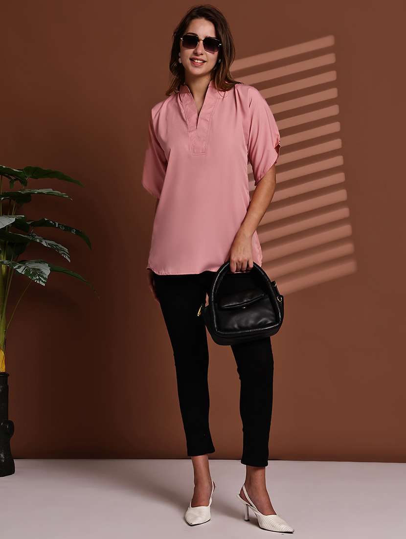 women solid mandarin neck short sleeve top - 22078365 -  Standard Image - 5