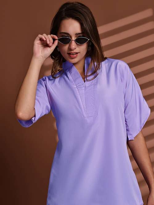 women solid mndarin neck short sleeve top - 22078366 -  Standard Image - 0