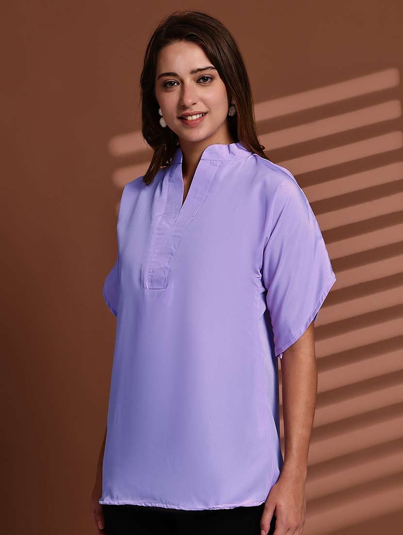 women solid mndarin neck short sleeve top - 22078366 -  Standard Image - 3