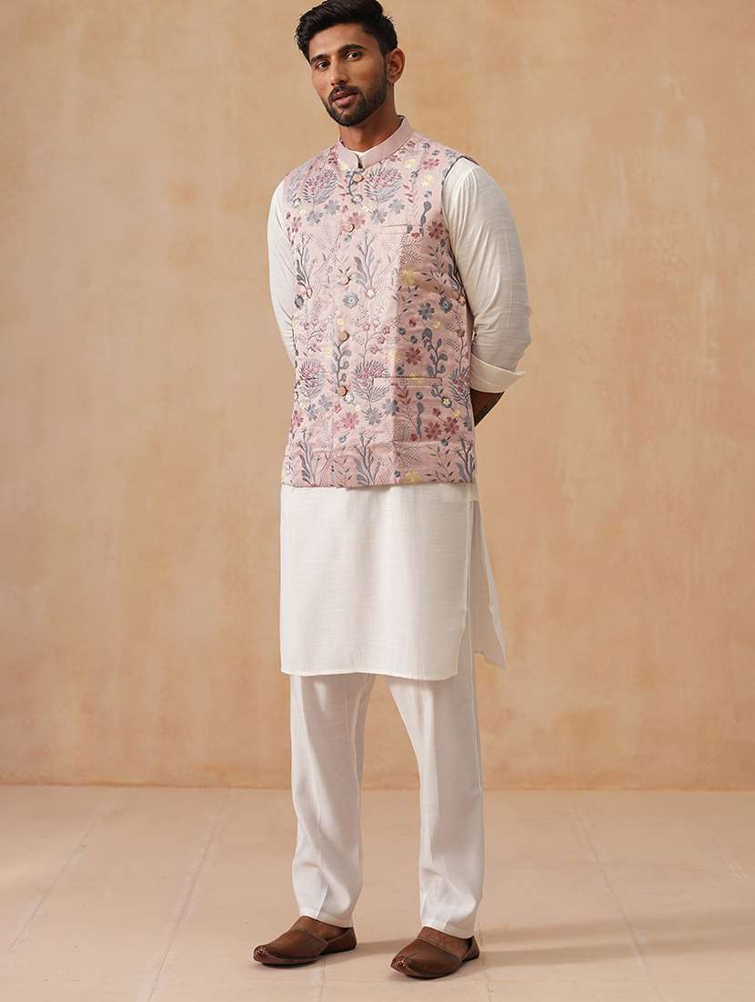 men solid with work mandarin neck regular fit nehru jacket - 22078367 -  Standard Image - 3